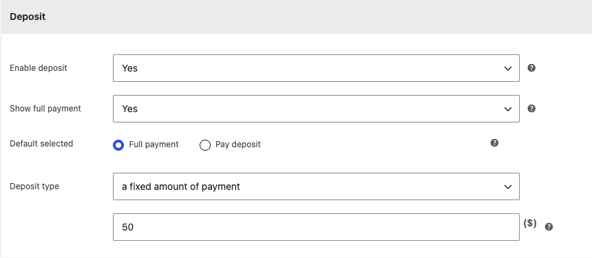 Deposit settings on a tour