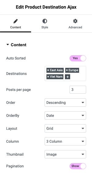 Product Destinations Ajax settings