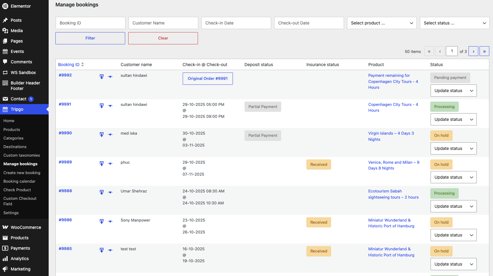 Manage bookings list