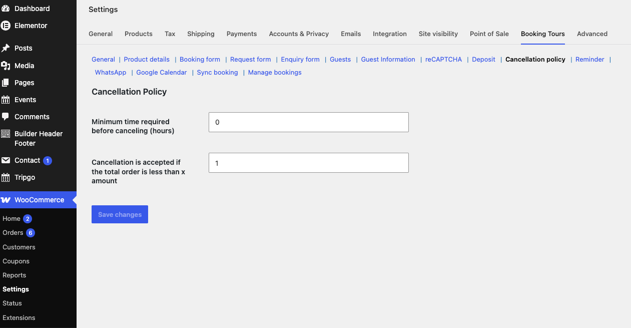 Cancellation policy settings