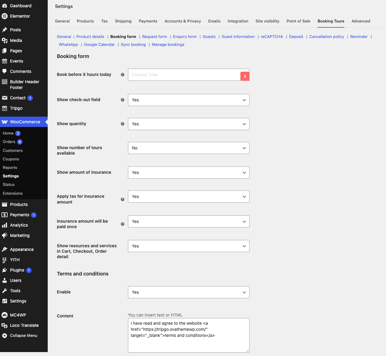 Booking form settings