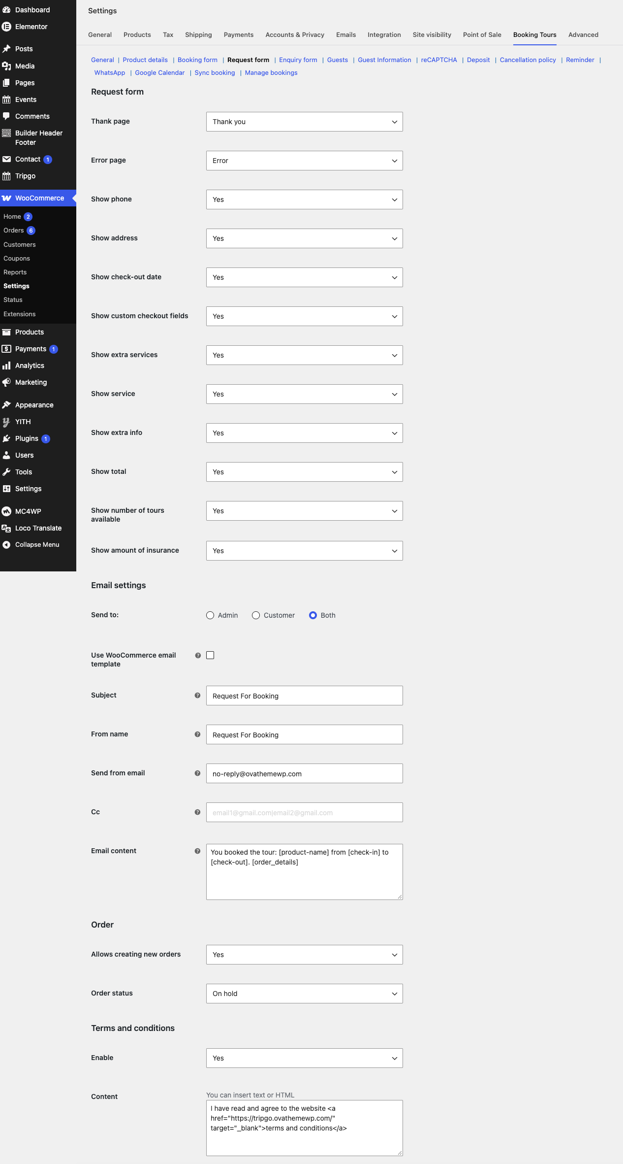 Request form settings