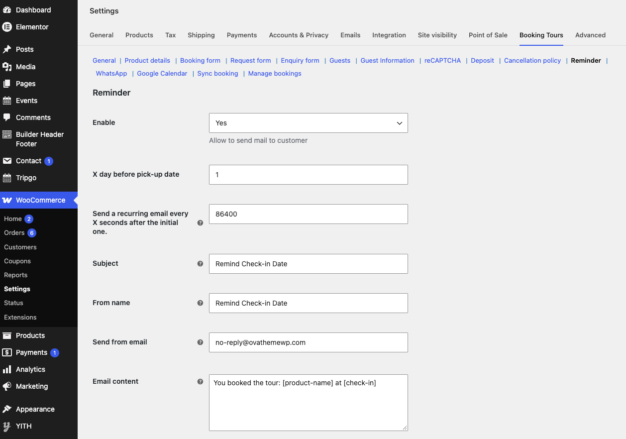 Reminder settings