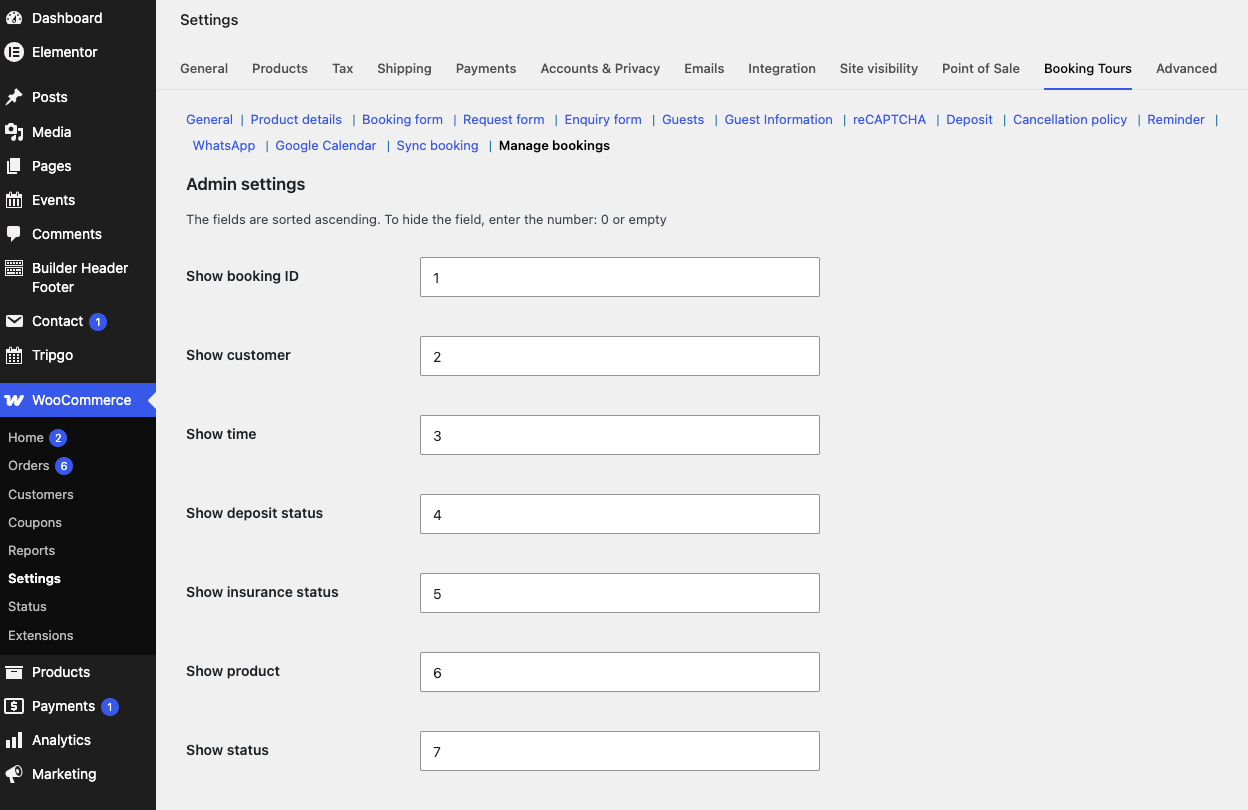 Manage bookings settings